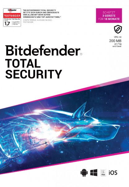 Bitdefender Total Security MD 3-Geräte / 18 Monate (ESD+Lizenz) Sonderposten